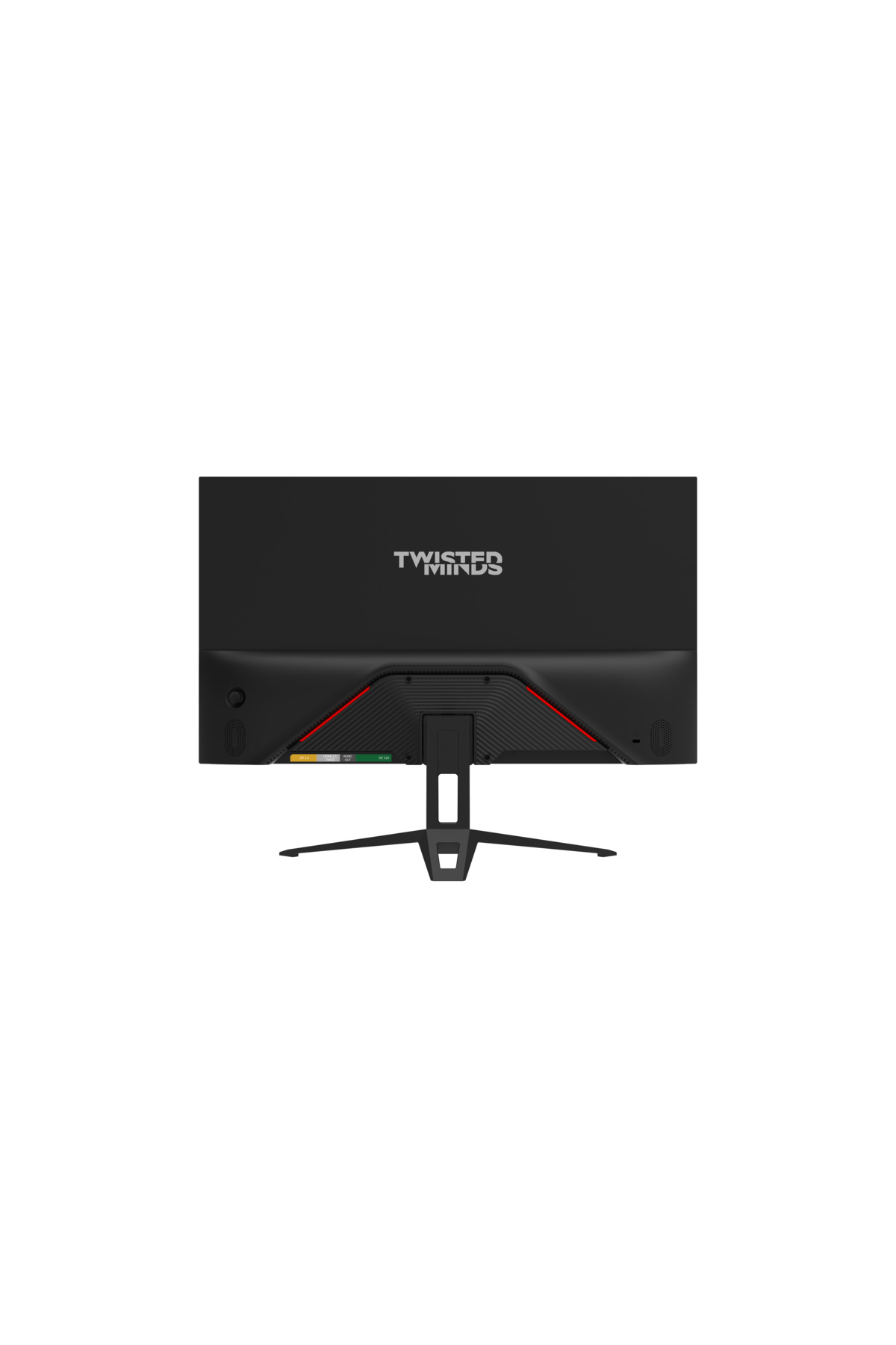 Twisted Minds logosu ve bağlantı noktaları olan siyah monitörün arkası.