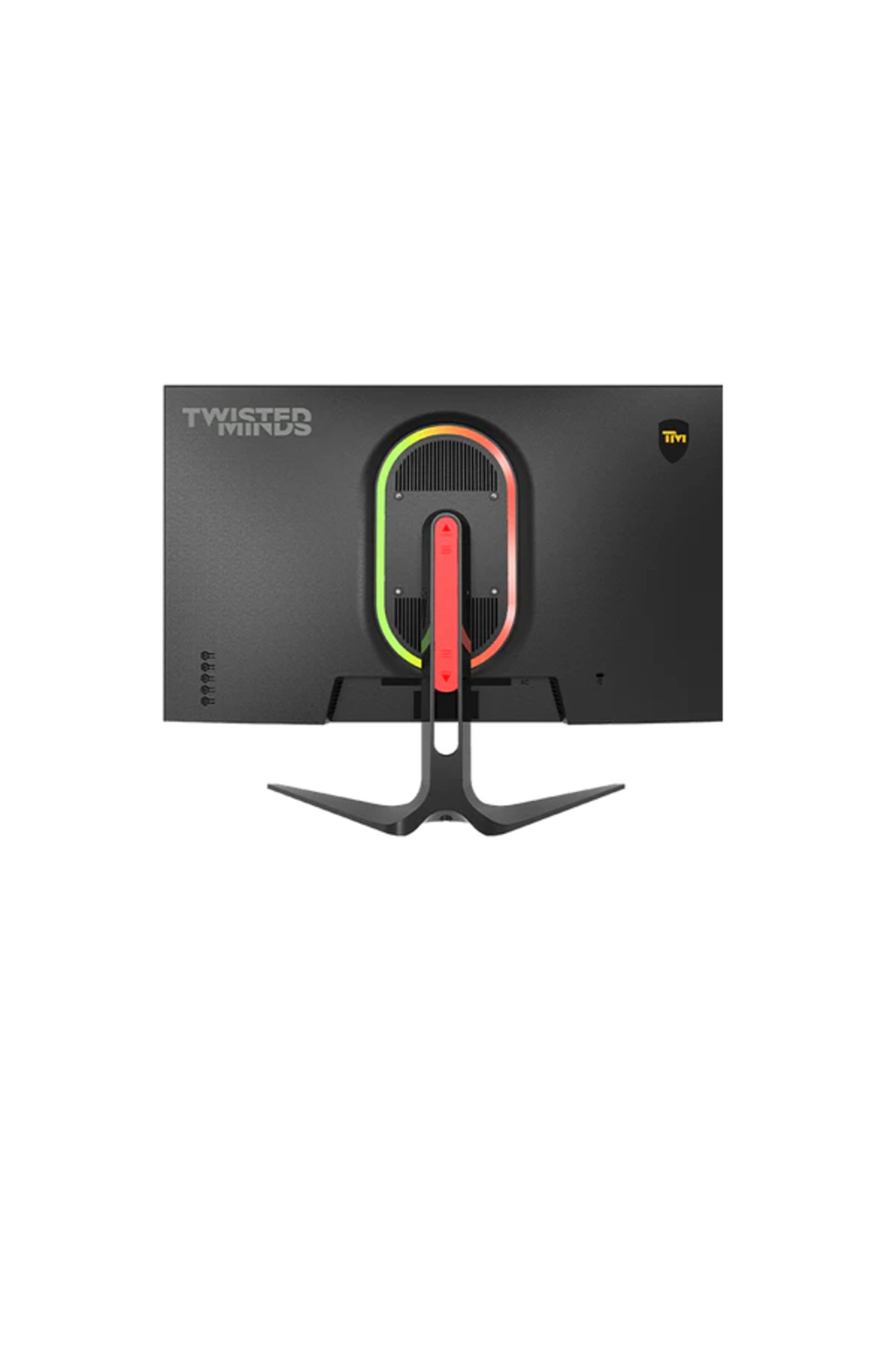 RGB aydınlatmalı siyah monitörün arkası ve gümüş renkli stant.