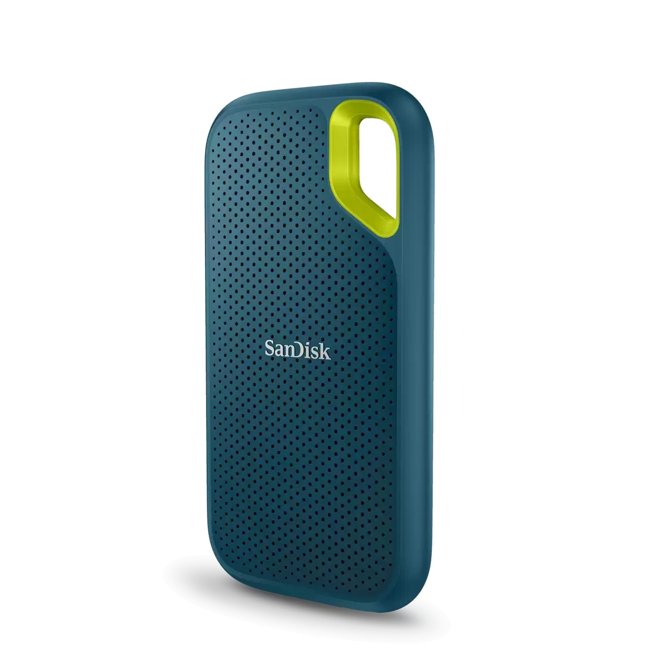 Disque SanDisk bleu foncé avec boucle jaune et motif perforé.