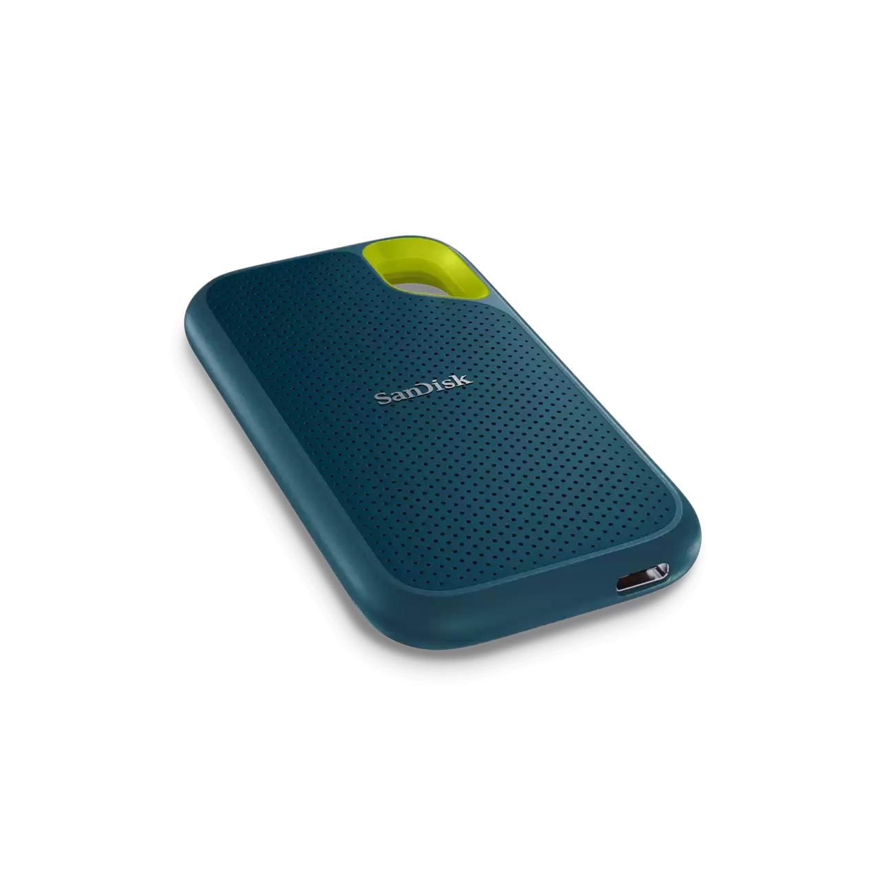 Un SSD portable SanDisk bleu sarcelle a une surface texturée et une boucle vert néon.