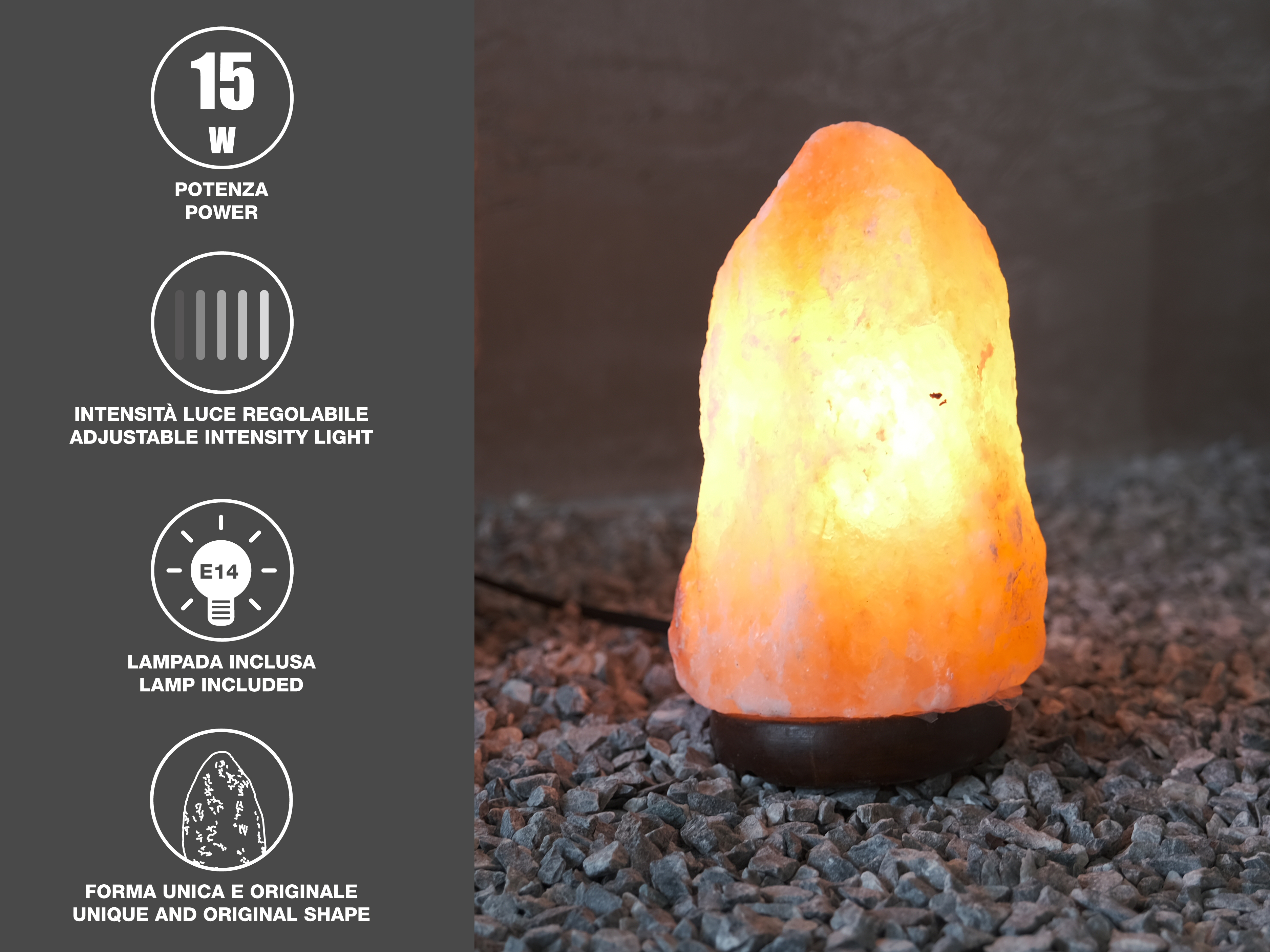 Una lampada di sale illuminata poggia sulla ghiaia. Ha forma irregolare.