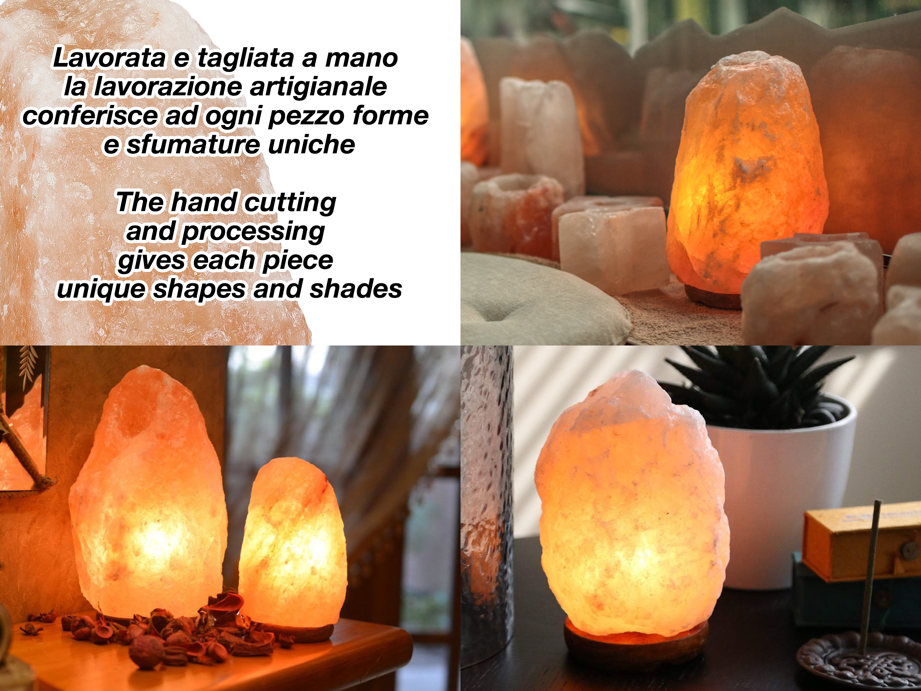 Lampade di sale illuminate di varie forme e dimensioni, alcune decorate.