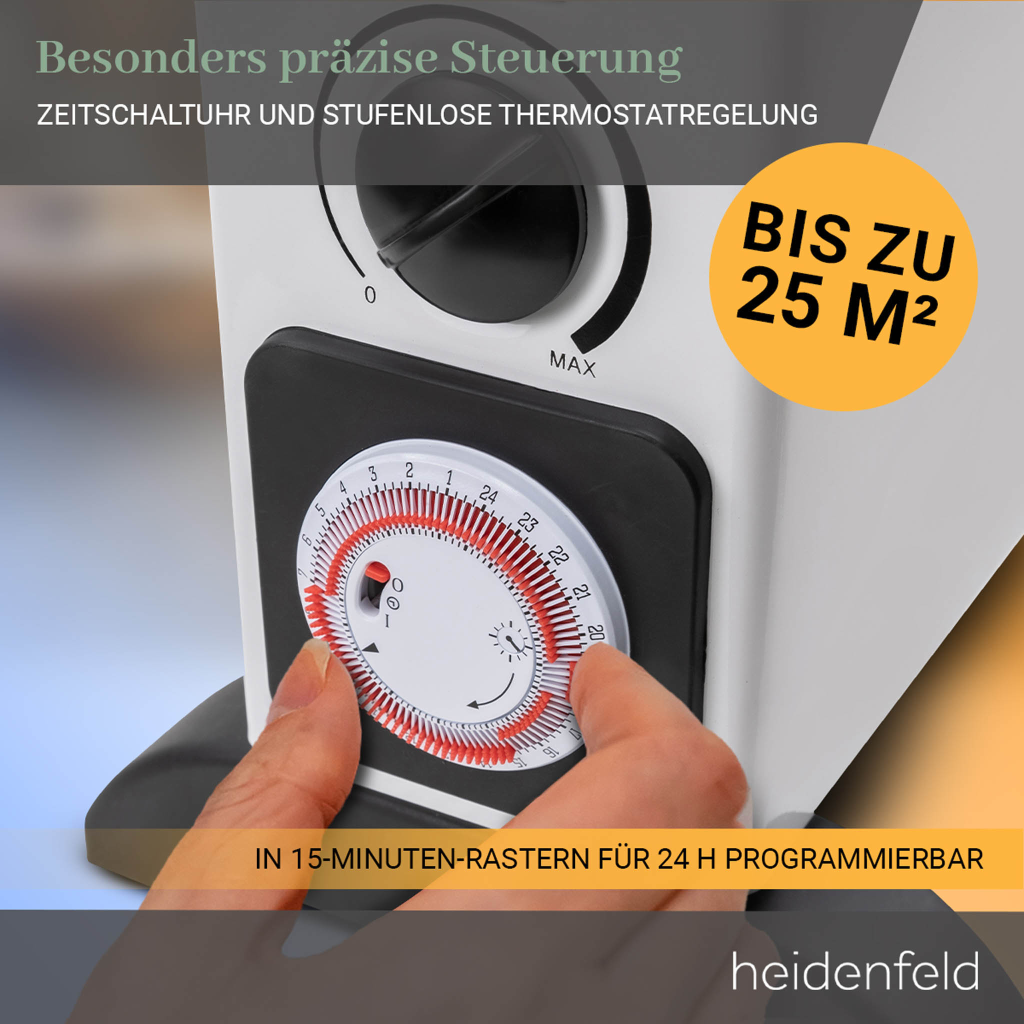 Nahaufnahme eines Timers mit 24-Stunden-Einstellung, von einer Hand bedient.