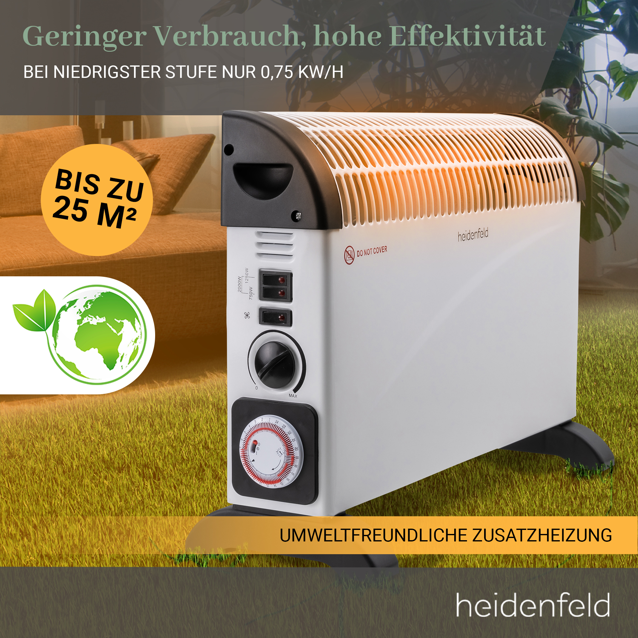 Ein weißer Heizkörper mit Bedienelementen und Timer auf grünem Gras.