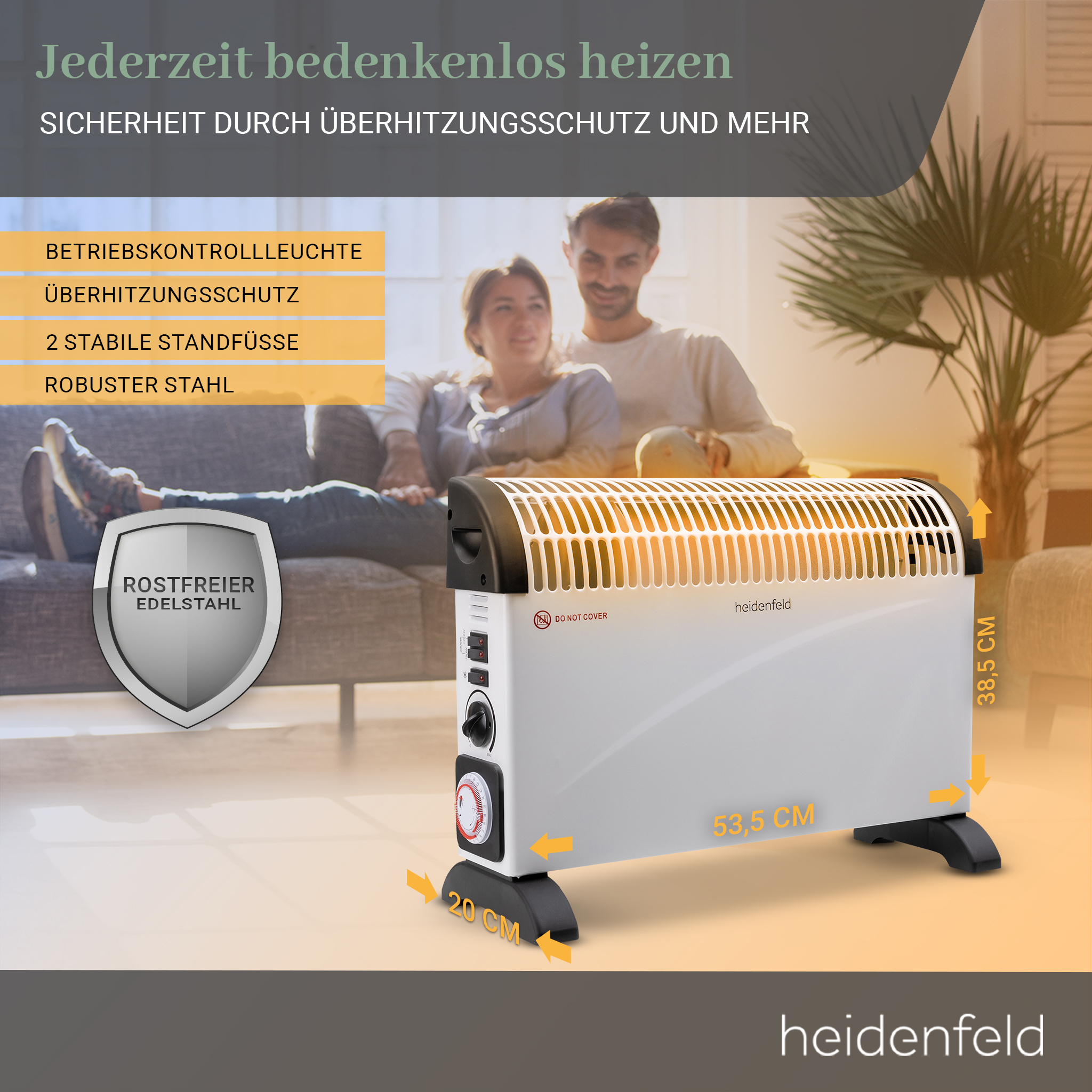 Ein weißer Heizkörper mit einem Paar auf der Couch im Hintergrund.