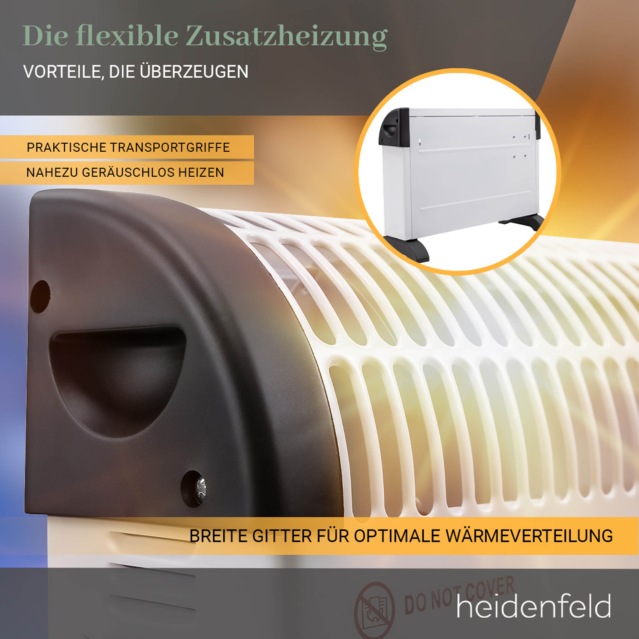 Ein weißer Heizkörper mit breitem Gitter und schwarzen Griffen. Text über Vorteile.
