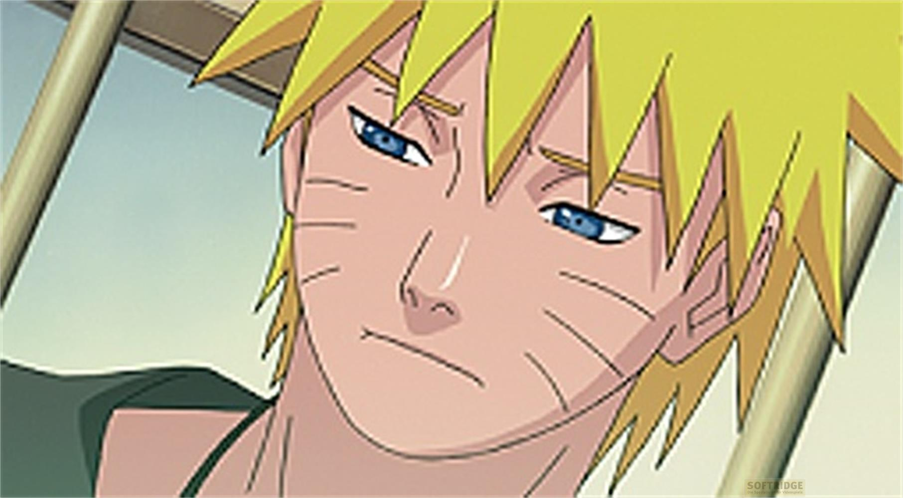 Visage de Naruto avec cheveux jaunes, yeux bleus et marques de moustache.