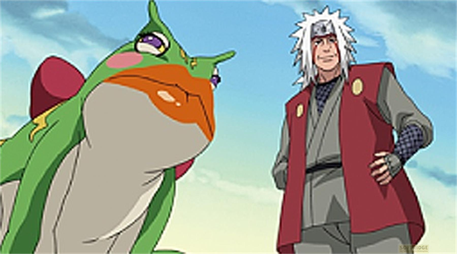 Une grenouille verte avec un nœud rouge et un homme aux cheveux blancs sont dehors.