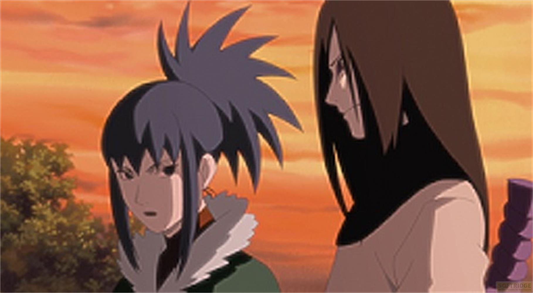 Deux personnages d'anime devant un ciel orangé.