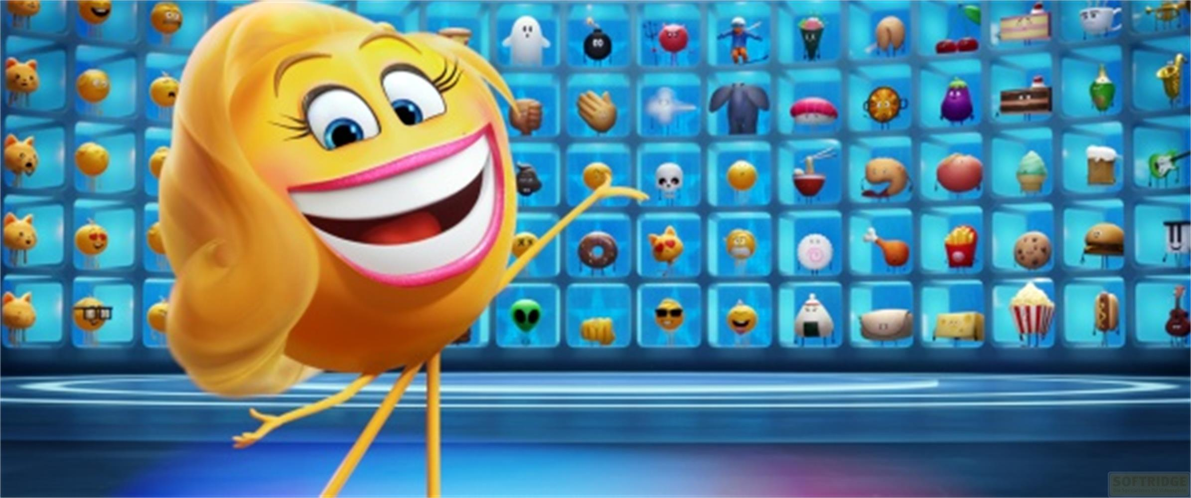 Un personnage emoji jaune aux grands yeux bleus et au large sourire.