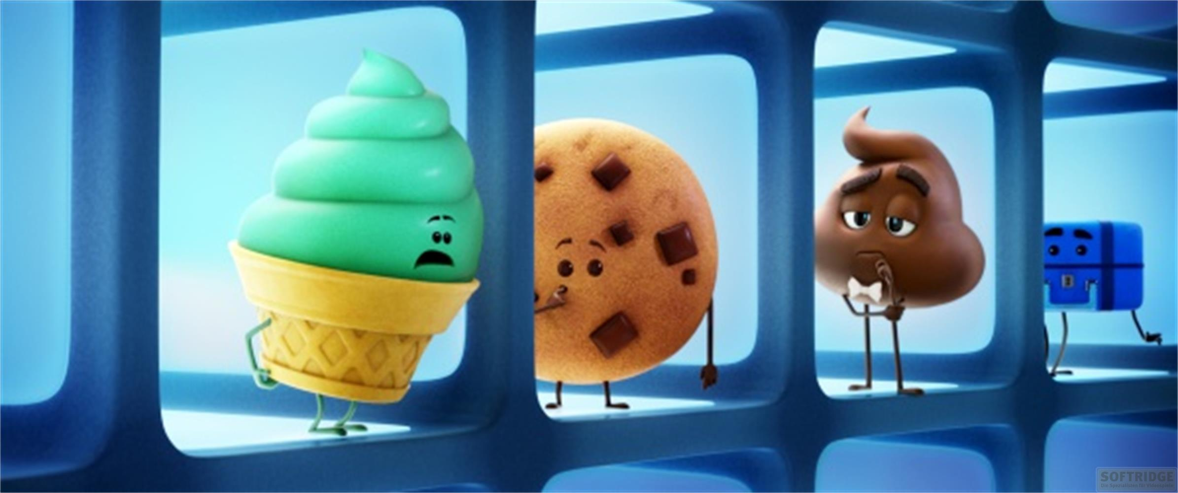 Glace verte, cookie, caca et valise bleue emojis côte à côte.