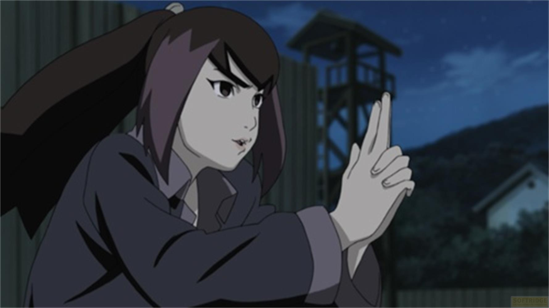 Ragazza anime con capelli scuri in cappotto scuro, mani alzate.