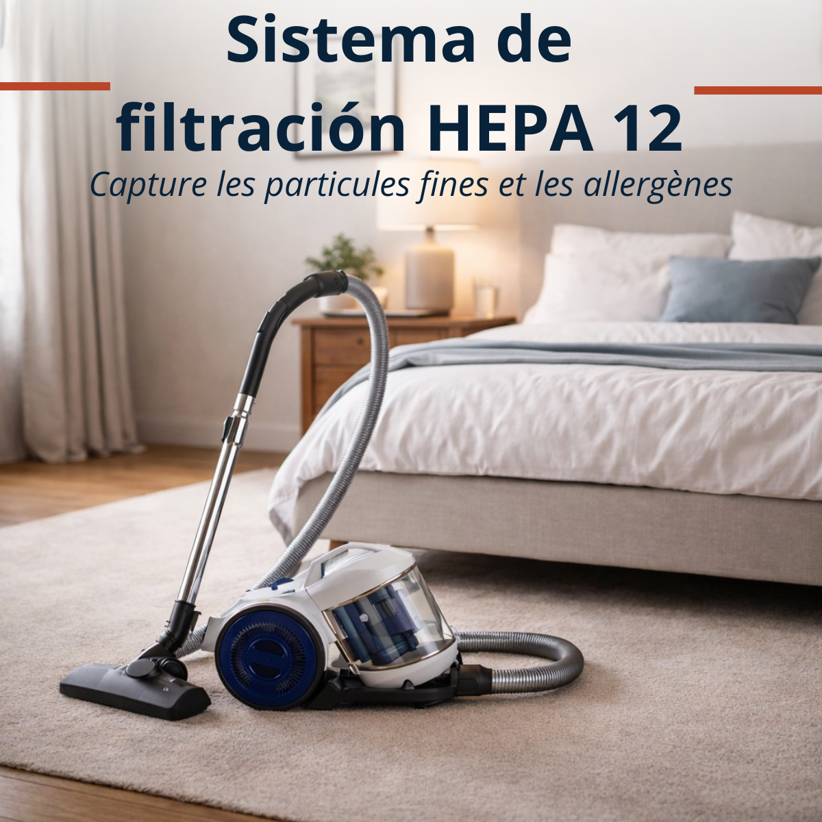 A white and blue vacuum cleaner sits on a carpet in front of a bed.
