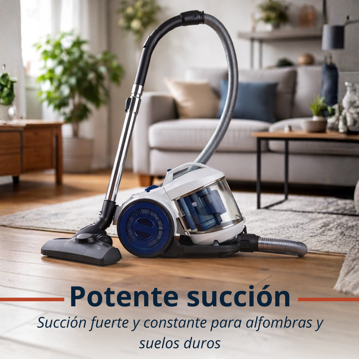 A white and blue vacuum cleaner sits on a wooden floor in front of a sofa.