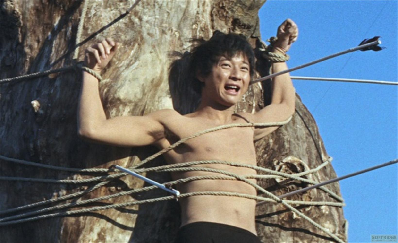 Un uomo legato a un albero, una freccia gli perfora un braccio.