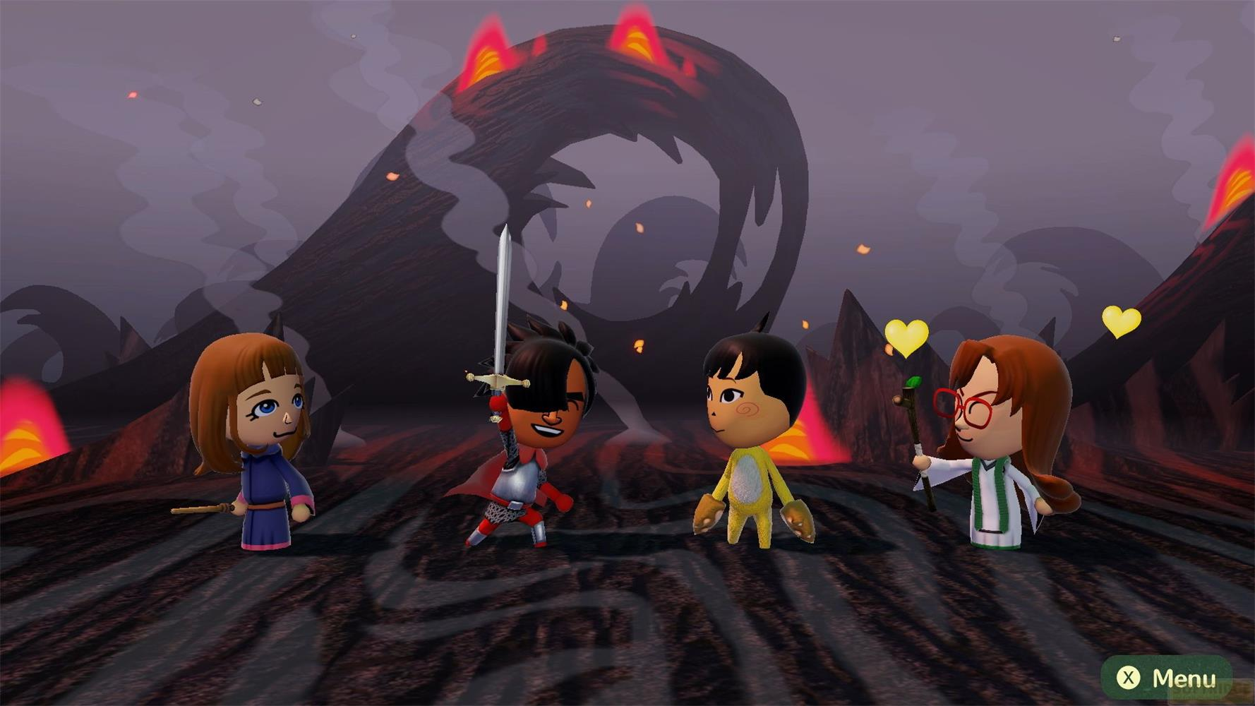 Quattro personaggi Mii davanti a un drago sputafuoco e vulcani.