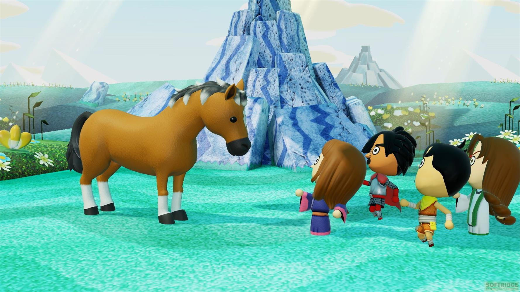 Un cavallo marrone si erge davanti a un gruppo di personaggi Mii davanti a una montagna ghiacciata.