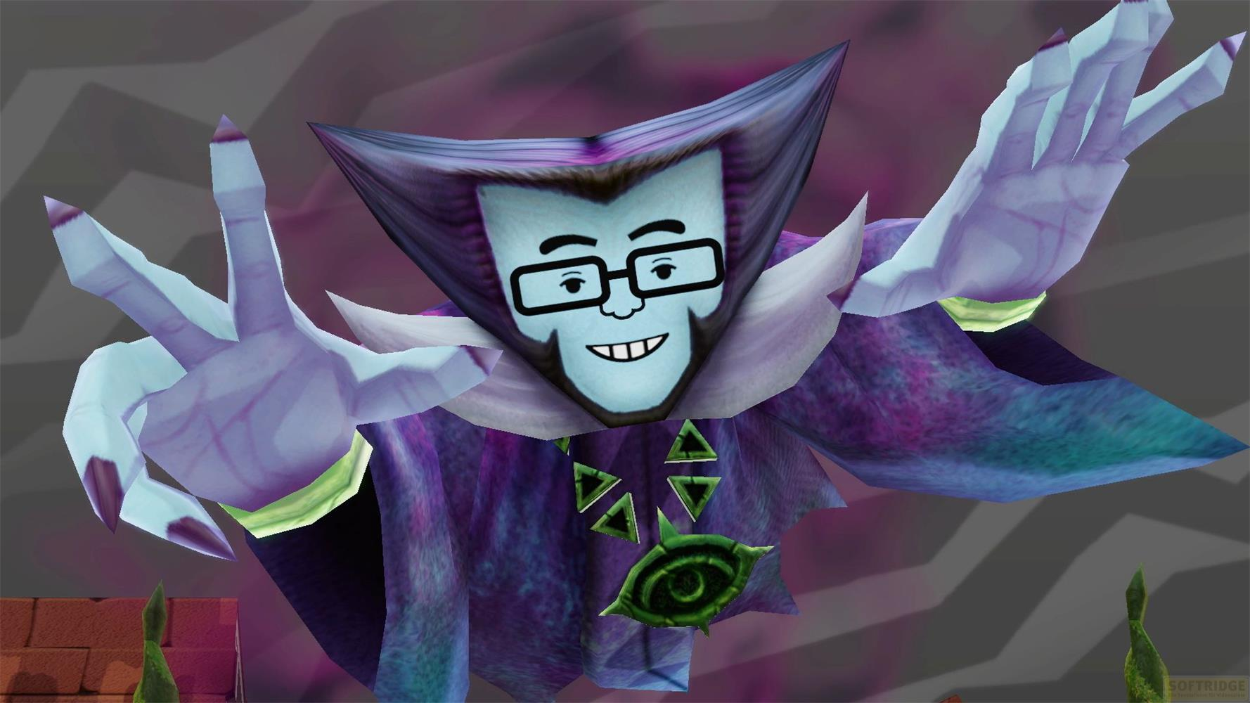 Un mago viola con occhiali e un emblema a occhio sul petto.