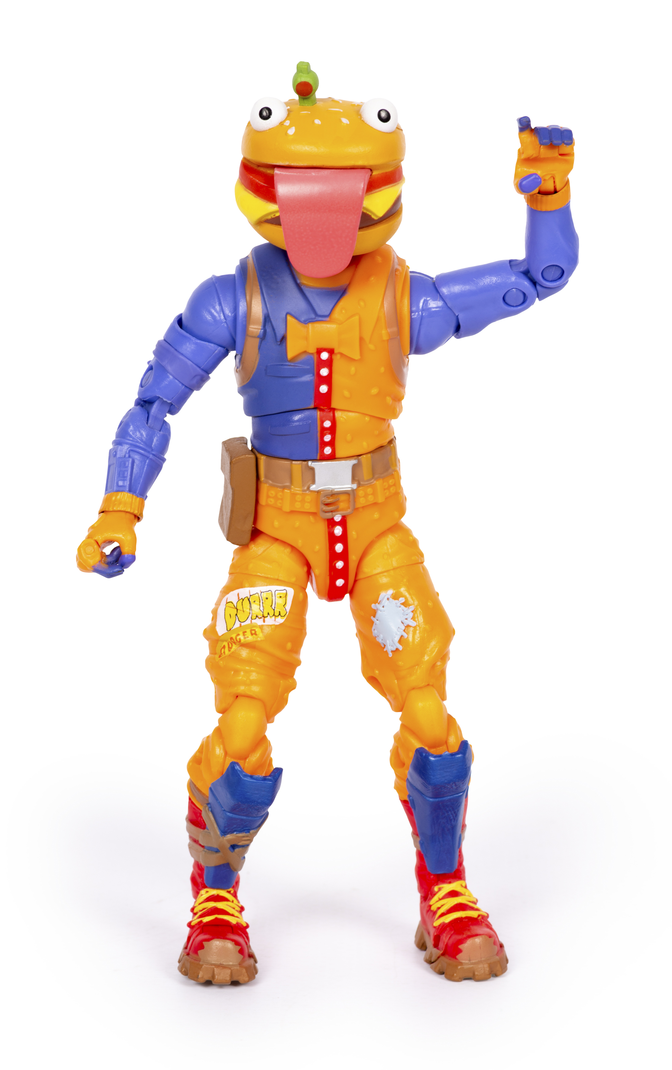 Eine Actionfigur mit einem Burgerkopf, der die Zunge herausstreckt.