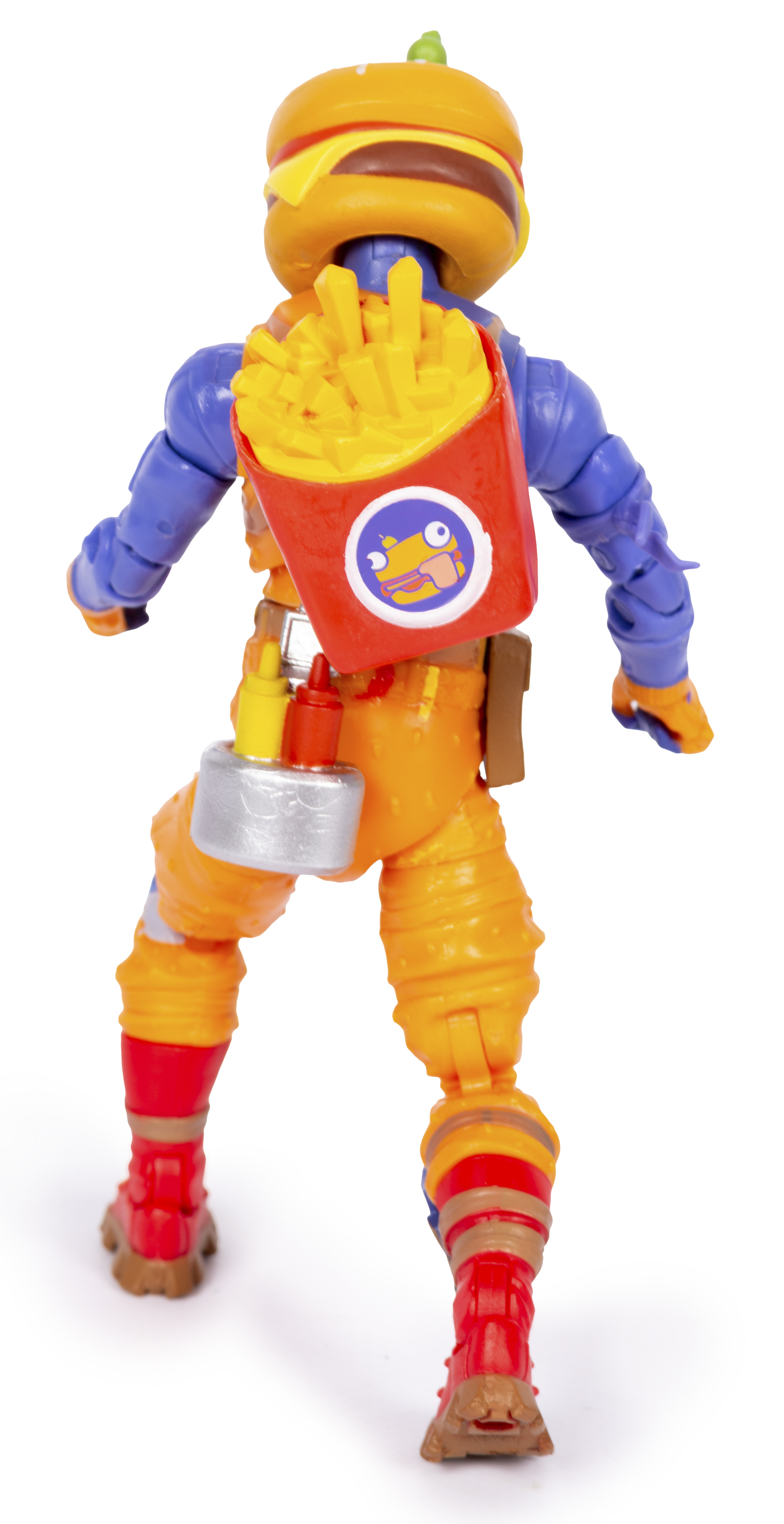 Eine Actionfigur mit Burgerkopf, Pommesrucksack und orangefarbenem Anzug.