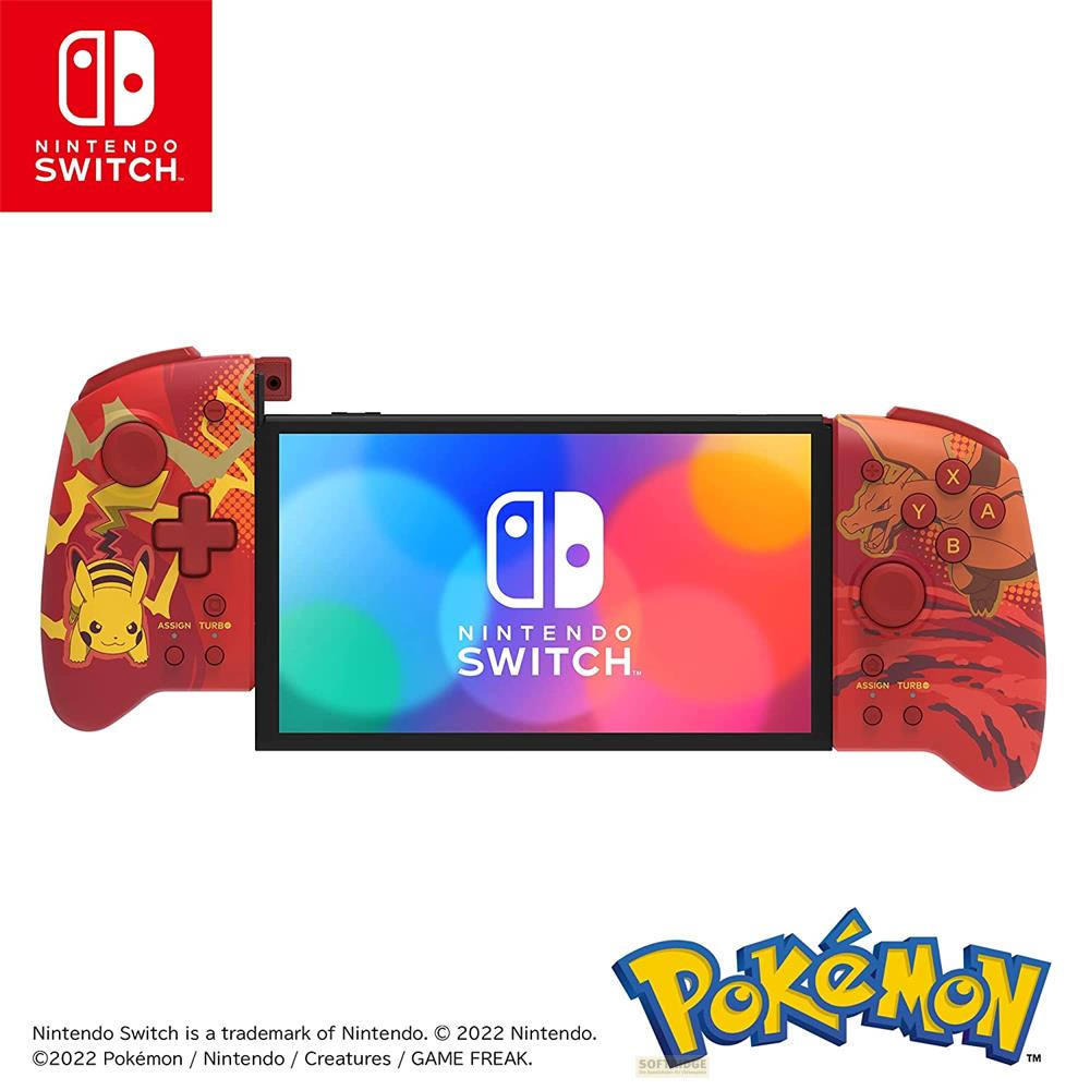 Czerwony Nintendo Switch z motywami Pokémon, przedstawiający Pikachu i Charizarda.