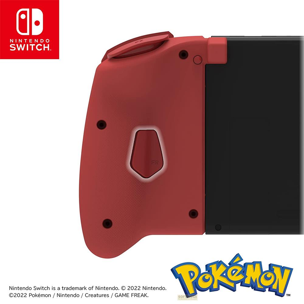 Czerwony uchwyt Joy-Con Nintendo Switch z logo Pokémon. Zbliżenie.