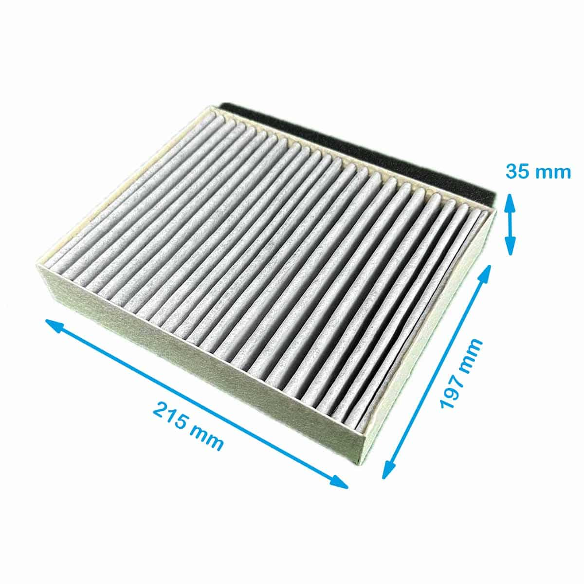 Grauer Luftfilter mit Maßen 215x197x35 mm, auf weißem Hintergrund.
