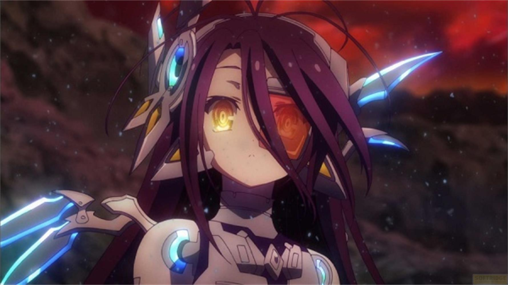 Ragazza anime con capelli viola e occhio cibernetico, lame luminose.