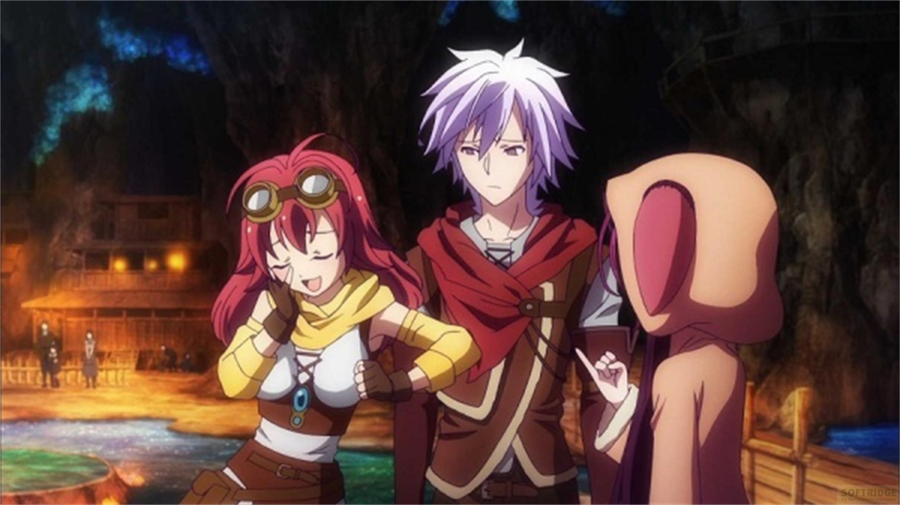 Tre personaggi anime in una grotta con un edificio sullo sfondo.