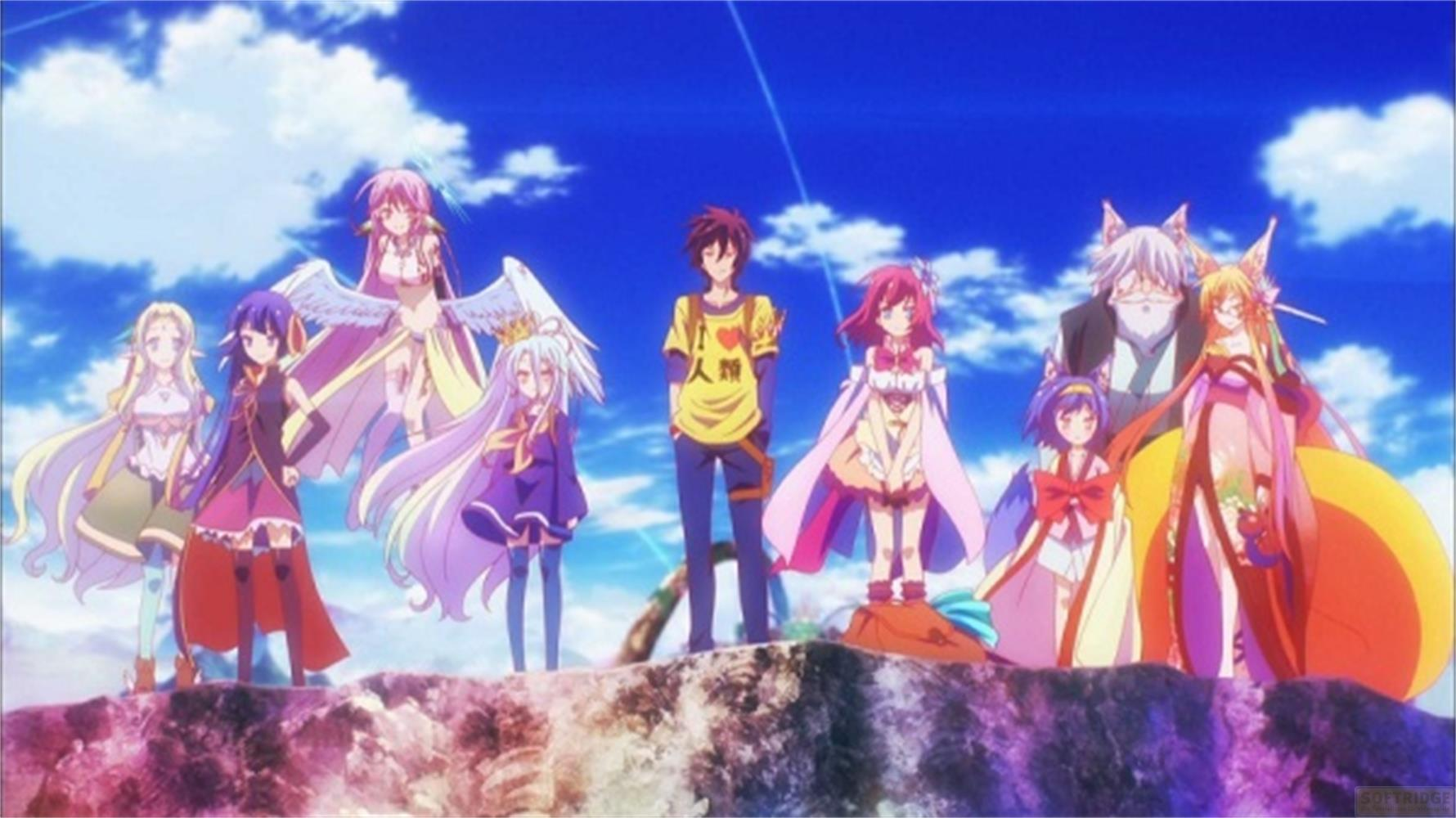 Undici personaggi anime stanno su una sporgenza rocciosa sotto un cielo blu.