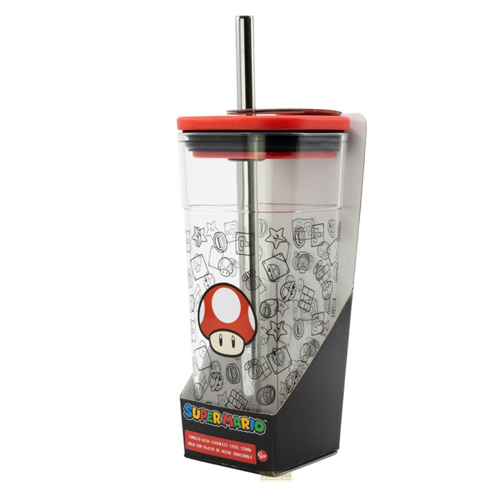 Vaso Super Mario con pajita. Tapa roja, transparente con diseño de hongo.