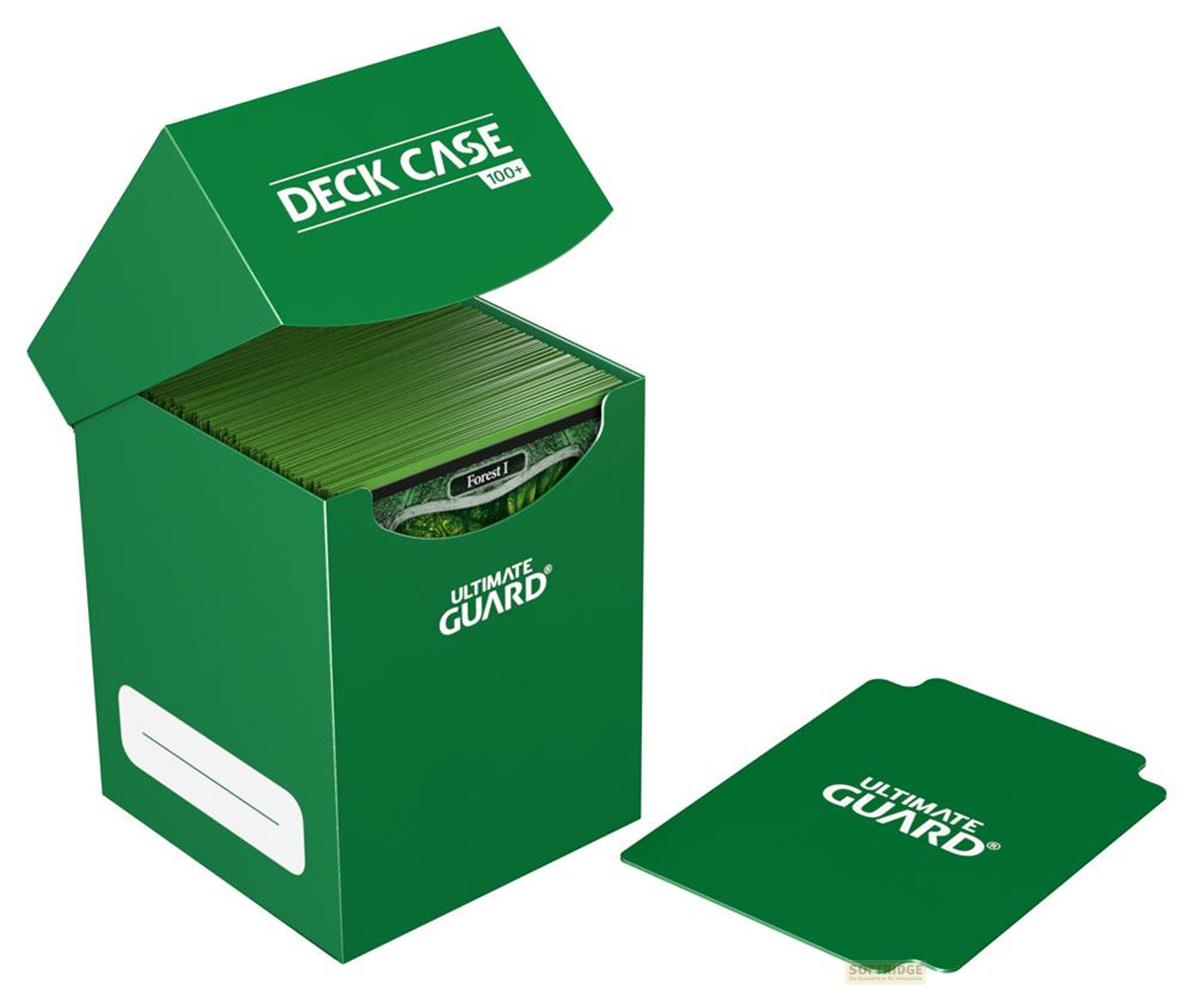 Boîte de jeu verte avec couvercle ouvert, contenant des cartes. Une plaque de couvercle verte est à côté.