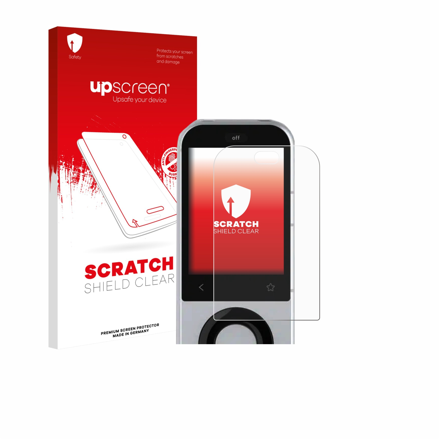 Upscreen Displayschutzfolie und ein silberner MP3-Player mit leerem Bildschirm.