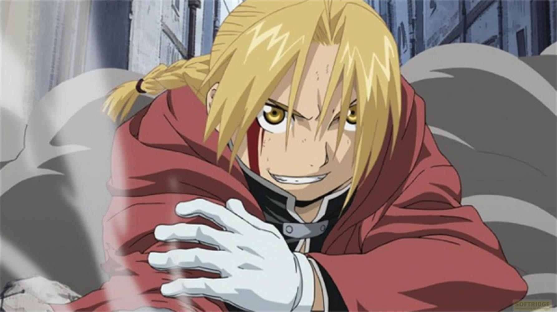 Personnage d'anime aux cheveux blonds, manteau rouge et gants blancs.