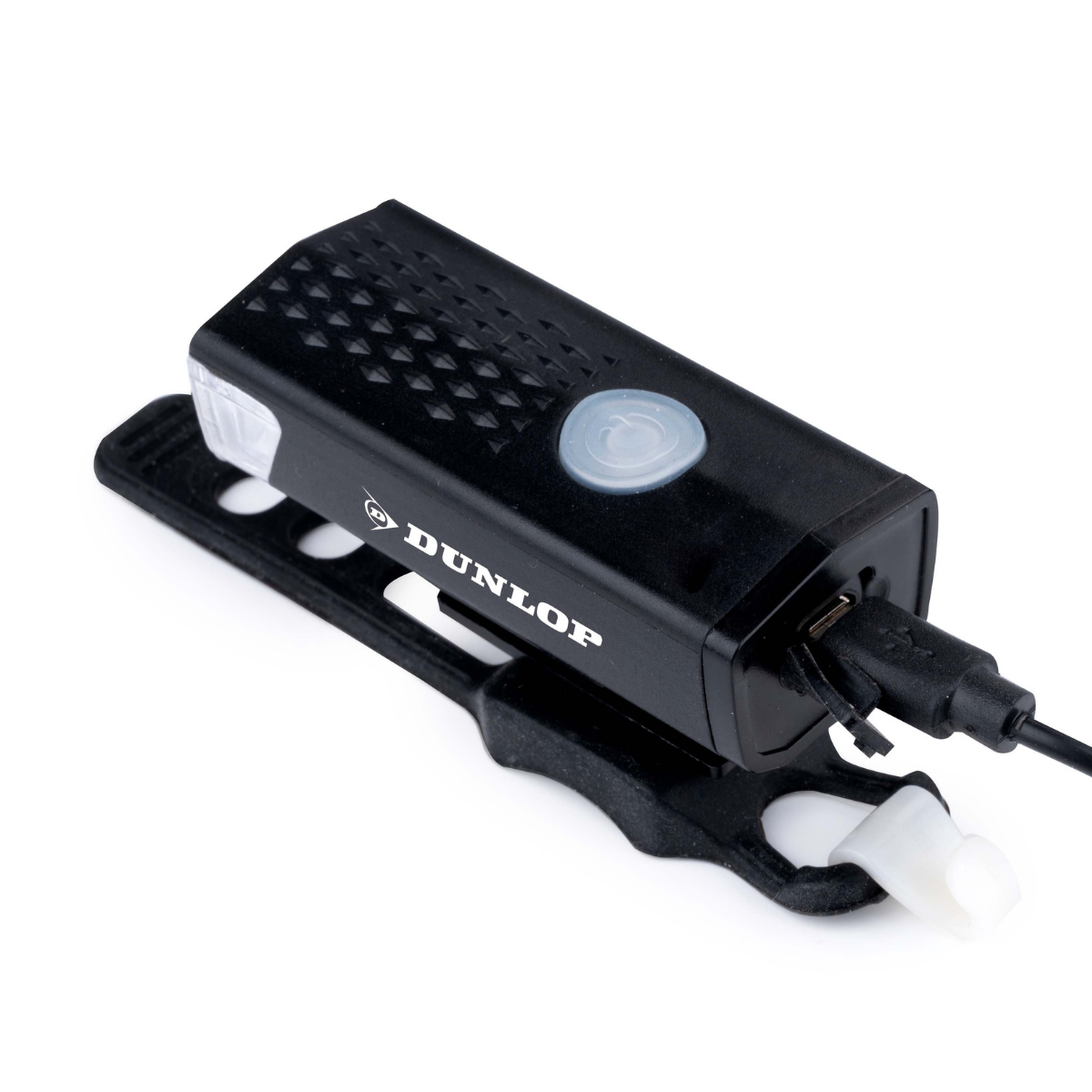 Zwarte Dunlop fietslamp met USB-poort en houder.