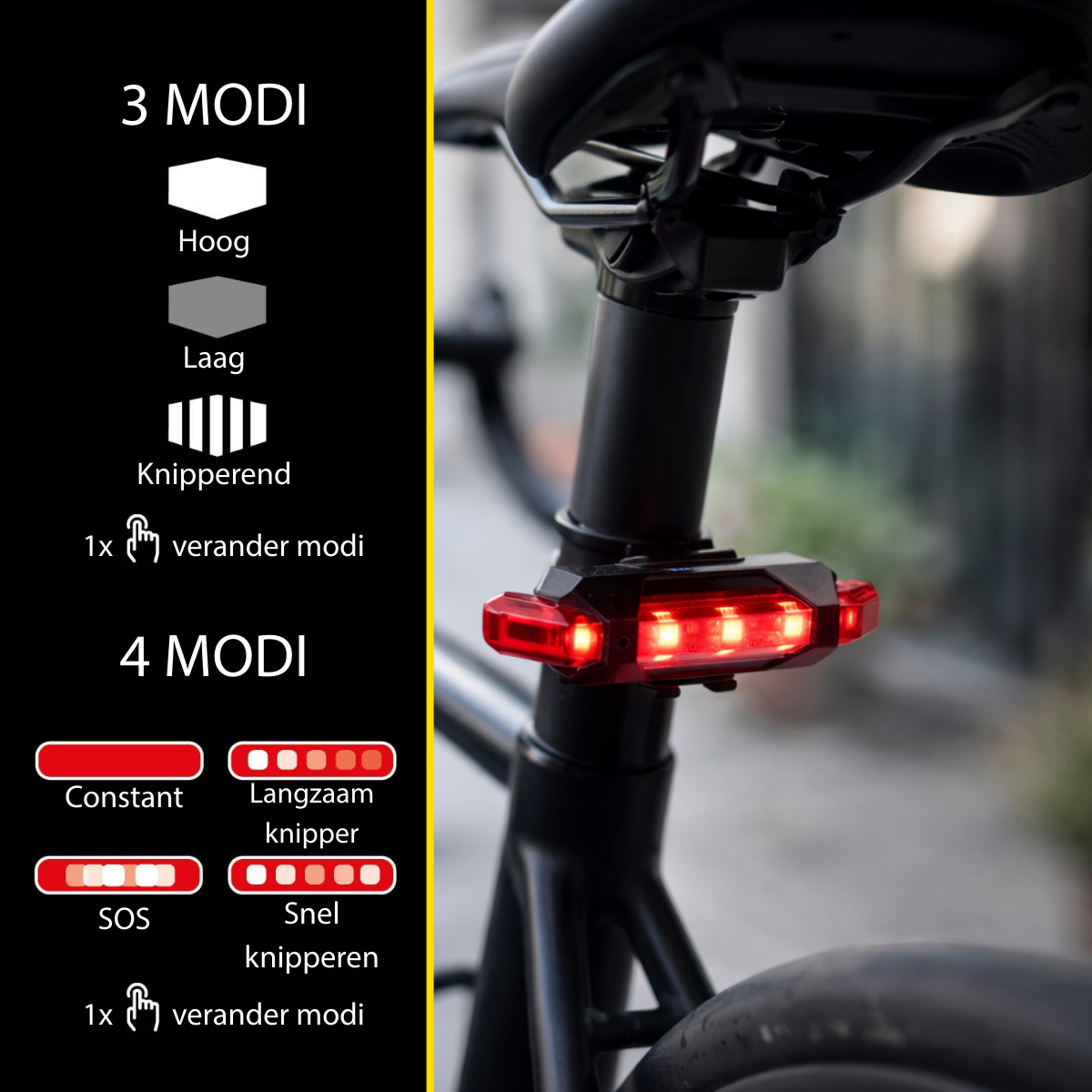 Fiets achterlicht met 3 en 4 modi: Constant, SOS, langzaam knipperen.