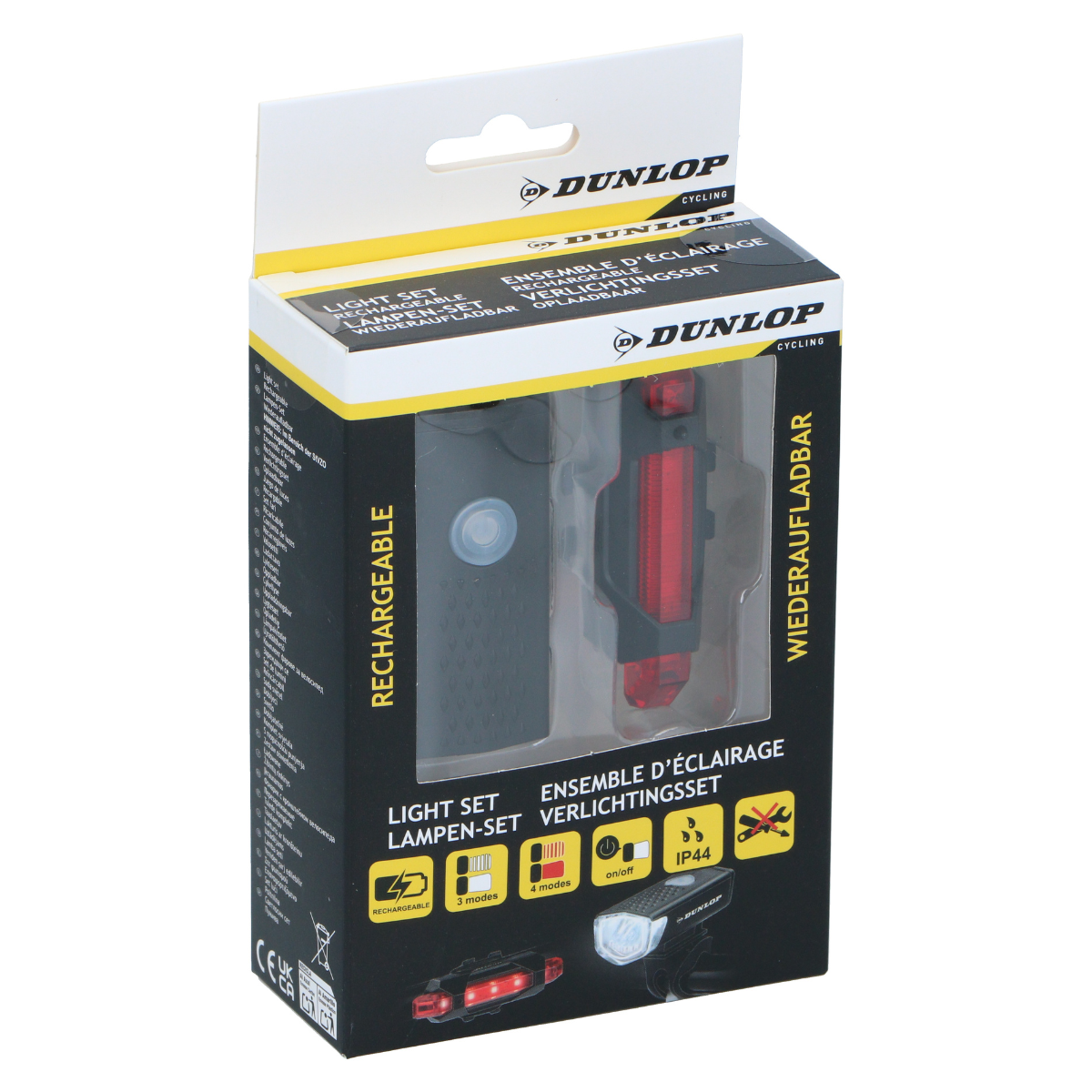 Verpakking van een Dunlop fietsverlichtingsset met voor- en achterlicht.