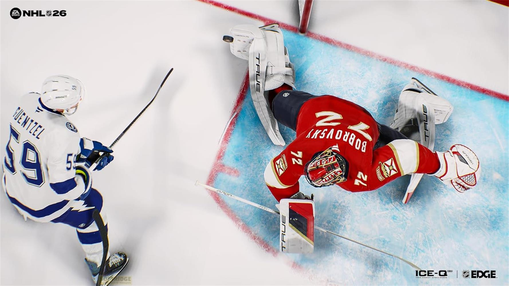 Eishockeytorwart in Rot pariert Schuss von Spieler in weiß mit Puck vor Tor.