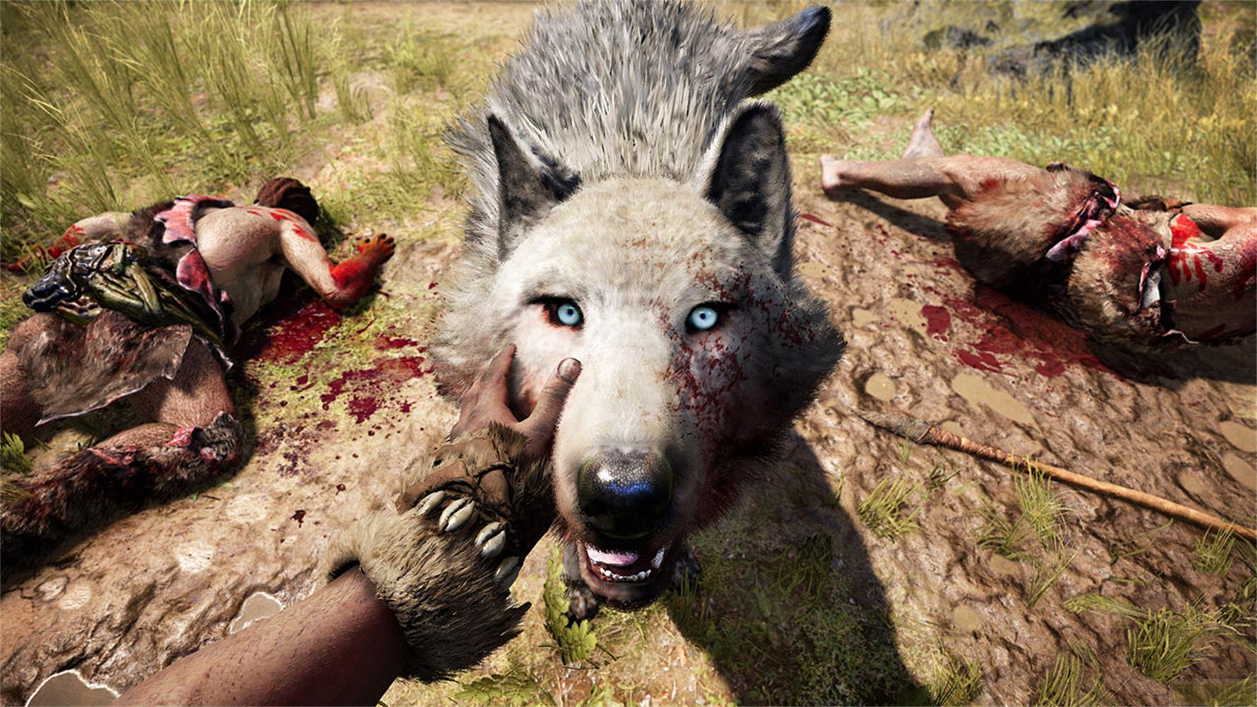 La main d'une personne touche le visage d'un loup, avec deux cadavres ensanglantés à proximité.