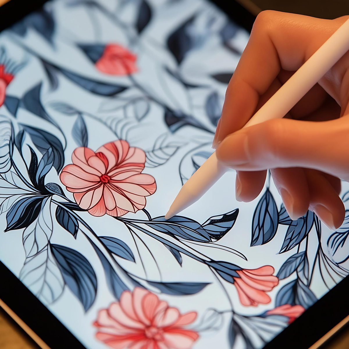 Dłoń używa rysika do rysowania cyfrowego wzoru kwiatowego na tablecie.
