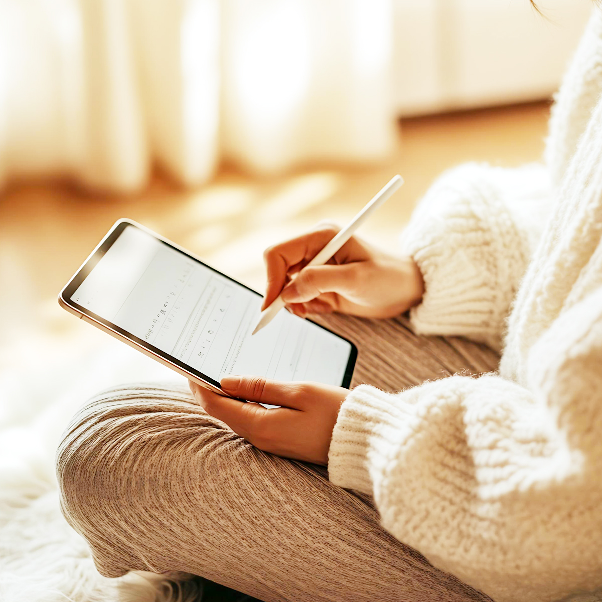 Eine Person im weißen Strickpullover schreibt mit einem Stift auf einem Tablet.