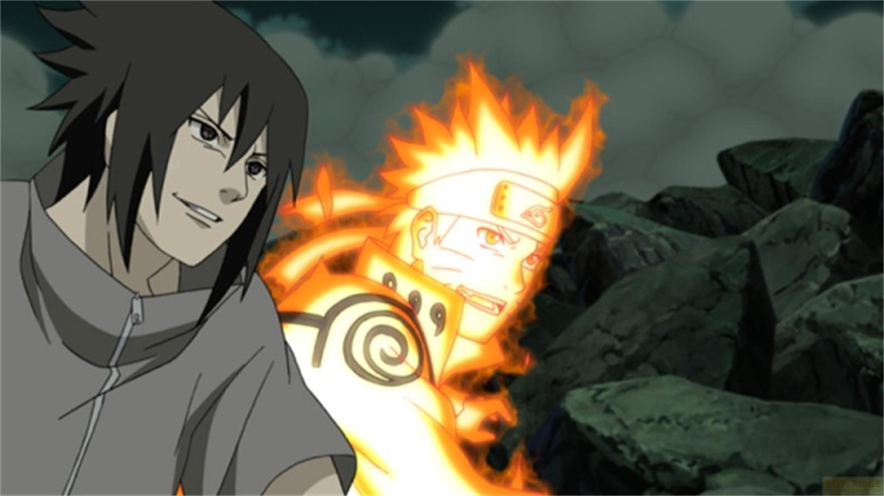 Sasuke e Naruto nella forma a Nove Code, in piedi in un paesaggio roccioso.