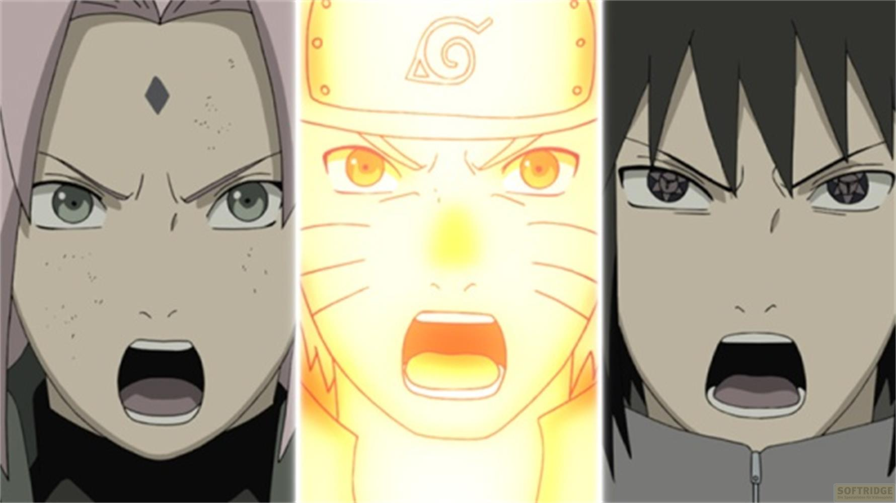 Volti di tre personaggi anime che urlano, con Naruto al centro, luminoso.