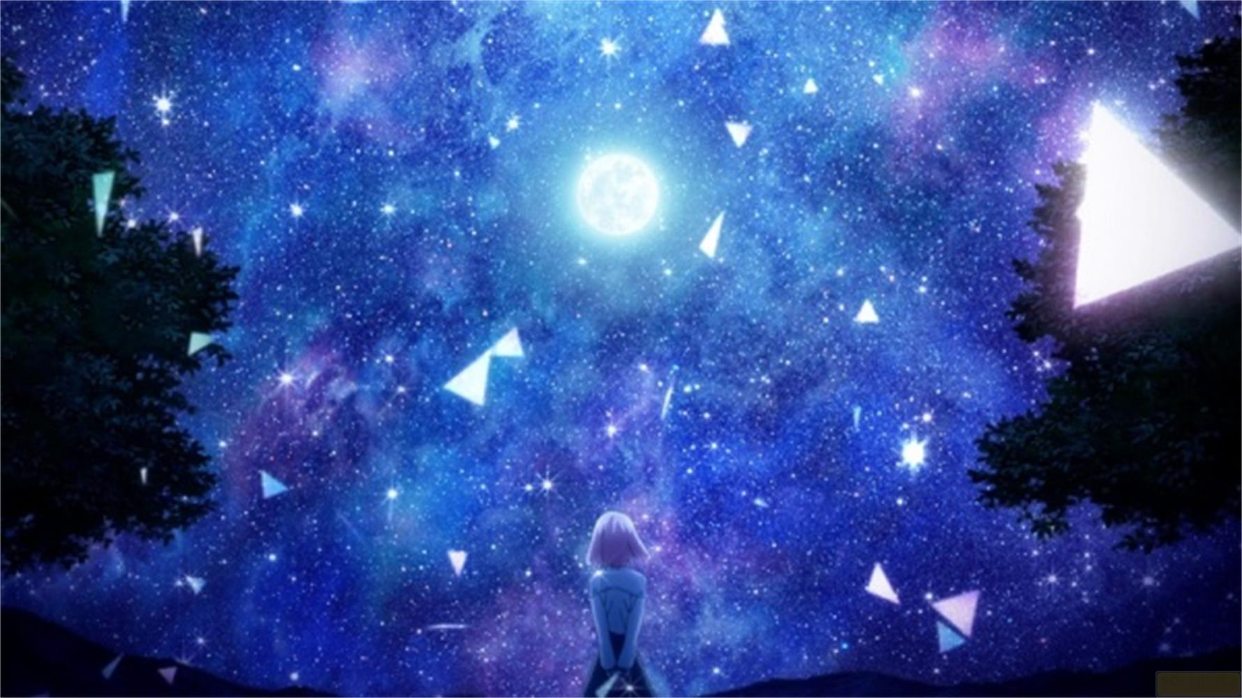 Ragazza guarda un cielo notturno stellato con luna e triangoli.