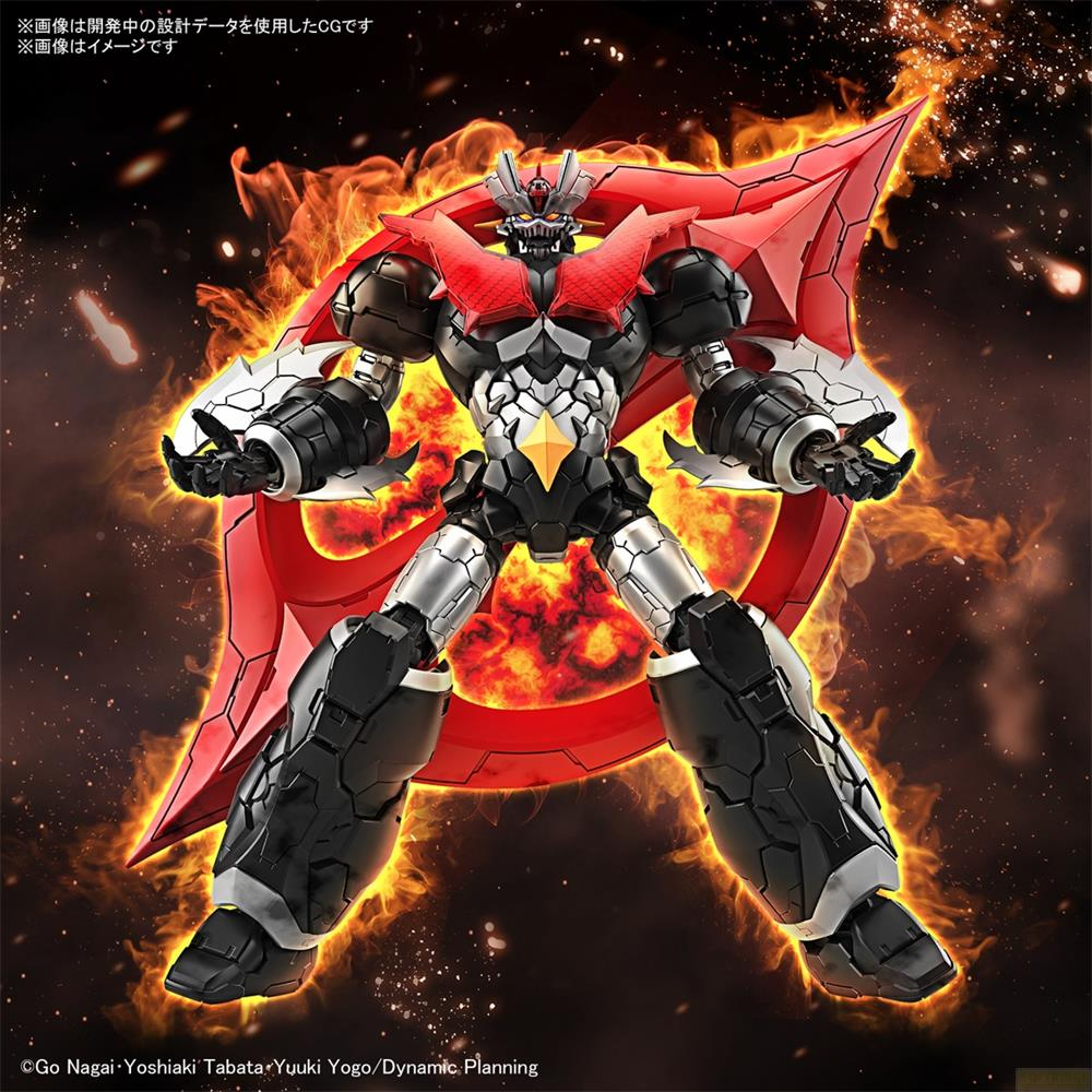 Un mech nero e argento con mantello rosso è tra le fiamme.