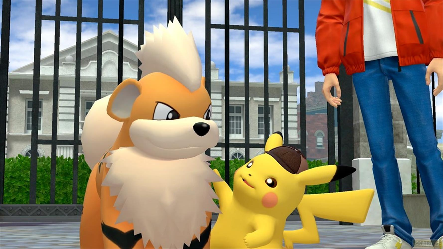 Un Pokémon simile a un cane e Pikachu davanti a un edificio. Una persona vicina.