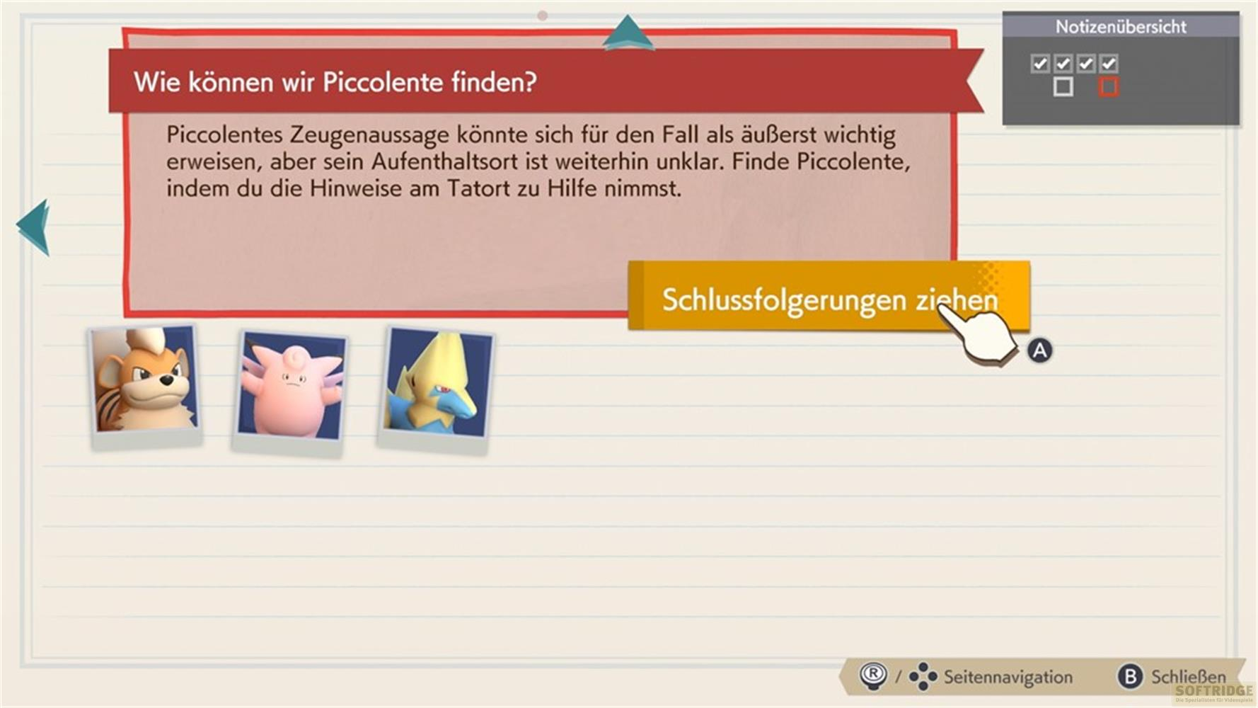 Schermata di gioco con testo, tre ritratti di Pokémon e un pulsante.