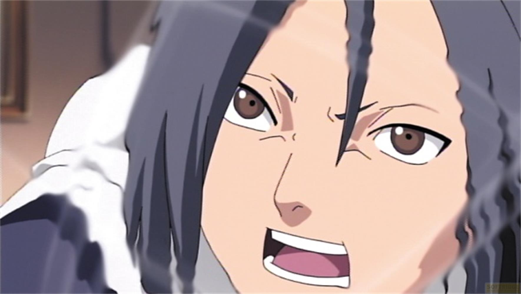Personnage d'anime aux cheveux sombres et aux yeux marron regarde devant.