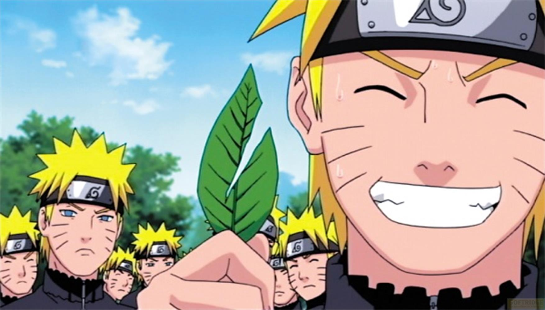 Naruto tient une feuille. D'autres Narutos sont derrière.