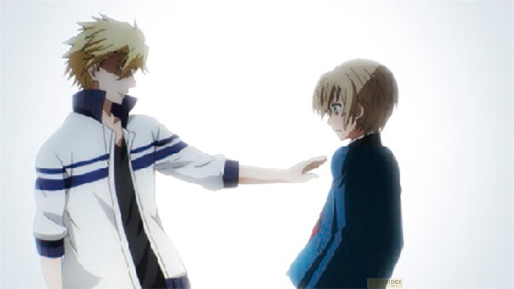 Due ragazzi anime biondi si fronteggiano. Uno appoggia una mano sulla spalla dell'altro.